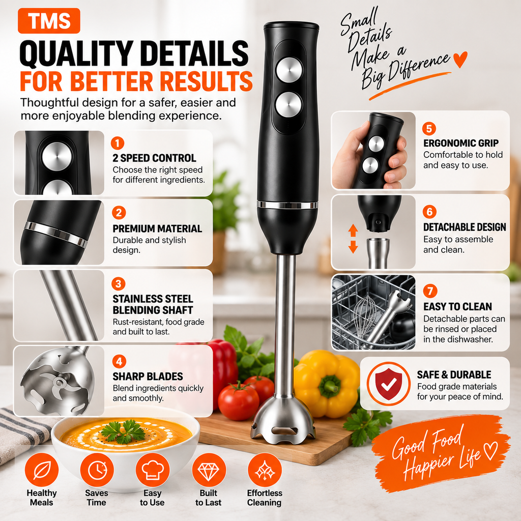 3 in 1 Hand Blender 400W 2 Speed with Whisk 0.50L Chopper 0.65L Measuring Cup Detachable Shaft