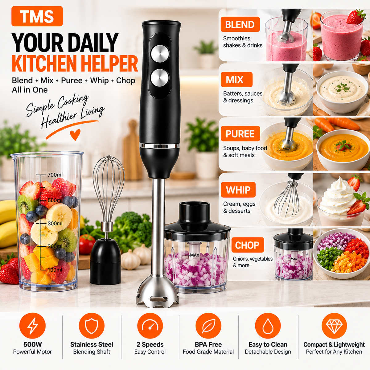 3 in 1 Hand Blender 400W 2 Speed with Whisk 0.50L Chopper 0.65L Measuring Cup Detachable Shaft