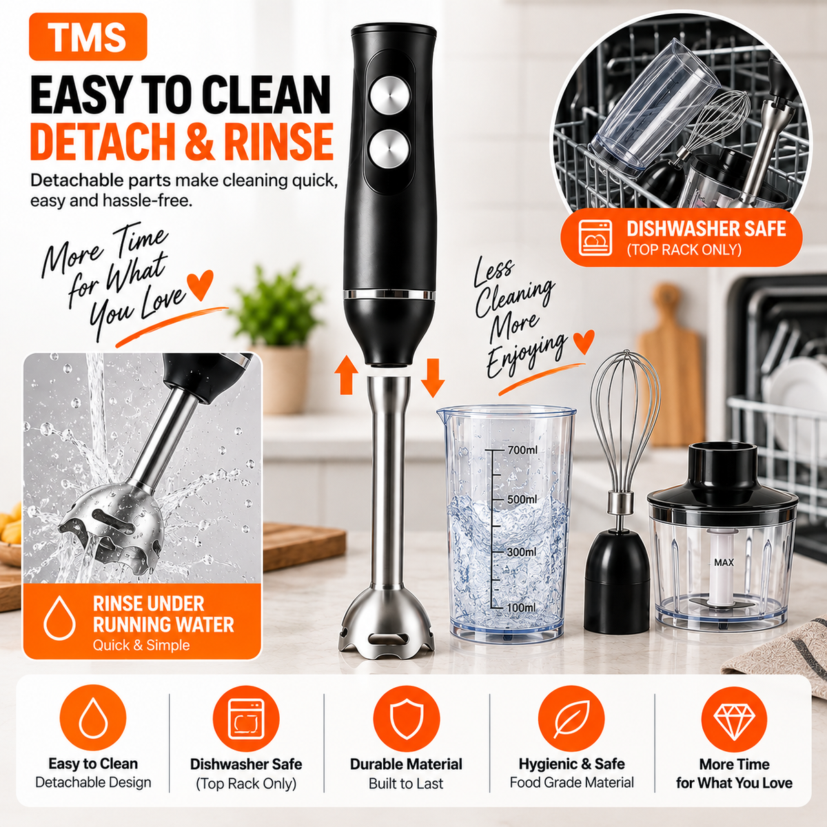 3 in 1 Hand Blender 400W 2 Speed with Whisk 0.50L Chopper 0.65L Measuring Cup Detachable Shaft