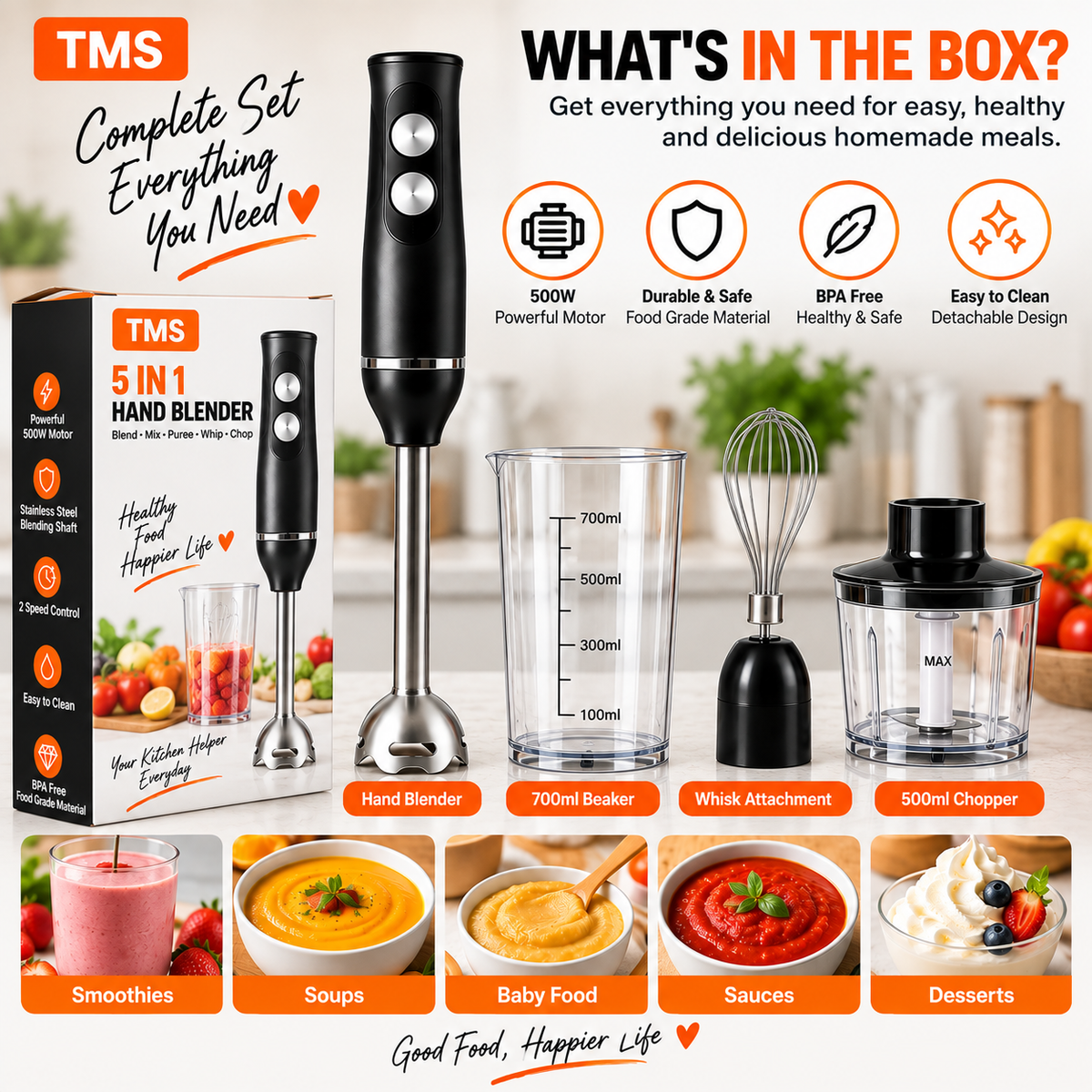 3 in 1 Hand Blender 400W 2 Speed with Whisk 0.50L Chopper 0.65L Measuring Cup Detachable Shaft