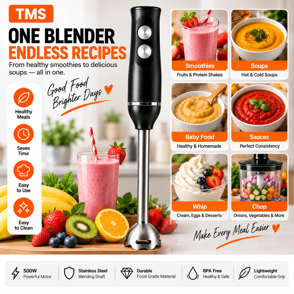 3 in 1 Hand Blender 400W 2 Speed with Whisk 0.50L Chopper 0.65L Measuring Cup Detachable Shaft