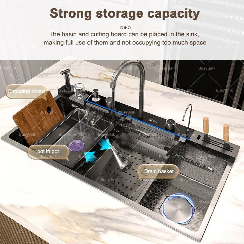 Stainless Steel Kitchen Sink With Waterfall Extra Large Single Bowl Digital Display Multifunctional Dishwashing Sinks