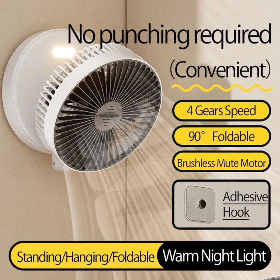 Foldable Mini Wall - Mounted Fan With Warm Night Light Rechargeable - Motionshop
