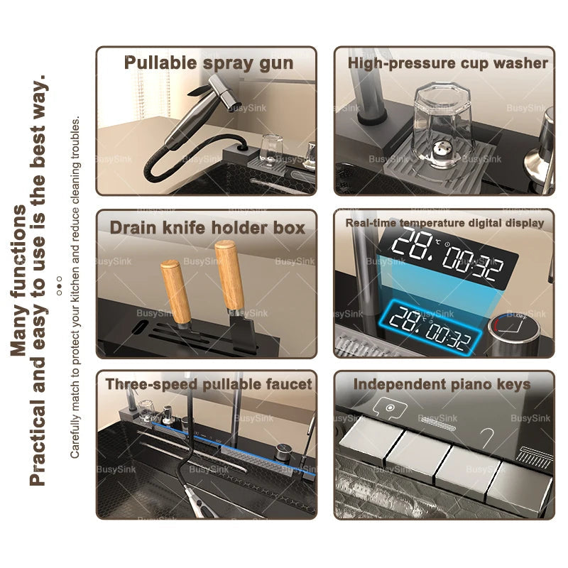 Stainless Steel Kitchen Sink With Waterfall Extra Large Single Bowl Digital Display Multifunctional Dishwashing Sinks