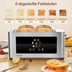 Toaster 1400W, stainless steel toaster, LCD touch display, 2 wide toast slots, 4 slices, 7 browning levels, bun holder,