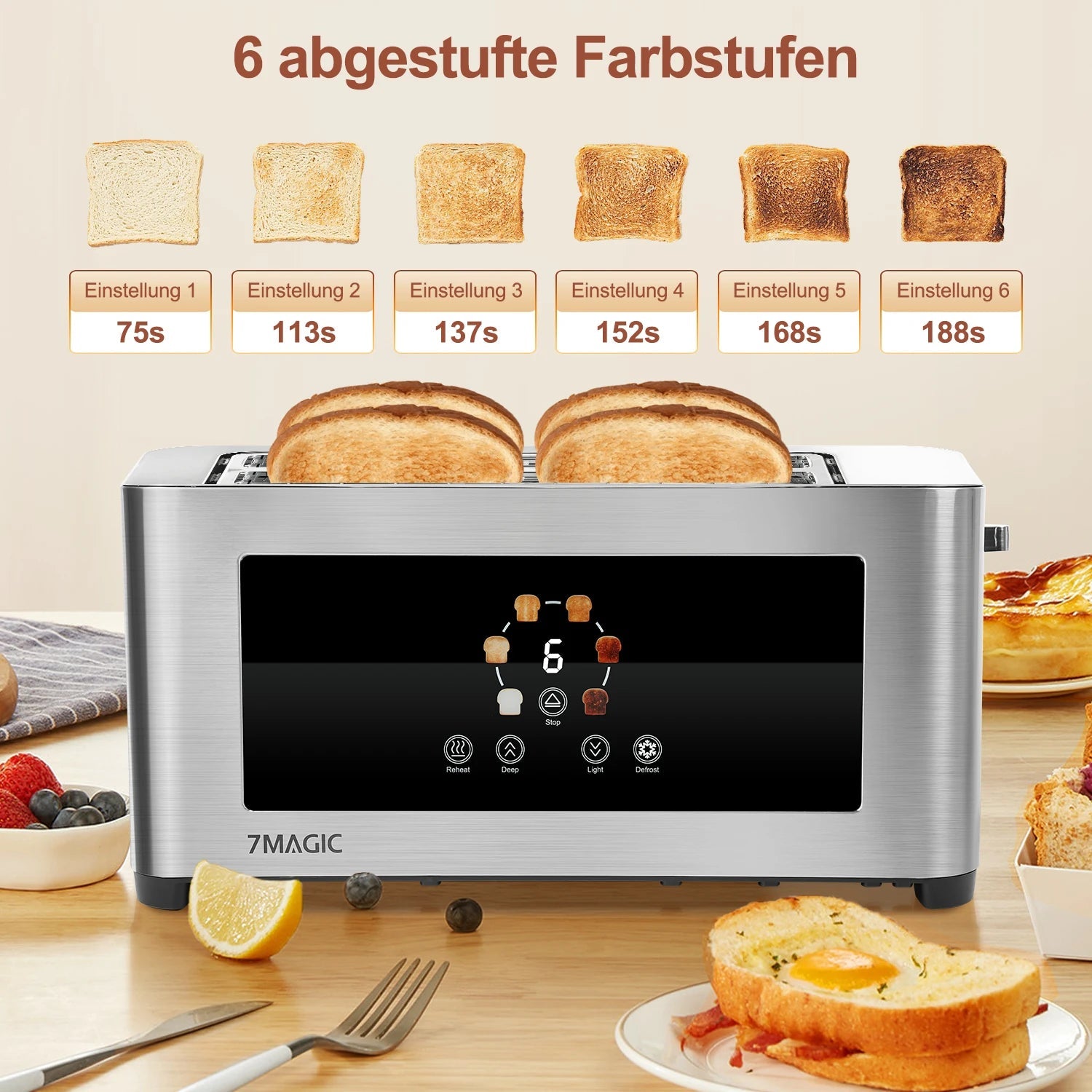 Toaster 1400W, stainless steel toaster, LCD touch display, 2 wide toast slots, 4 slices, 7 browning levels, bun holder,