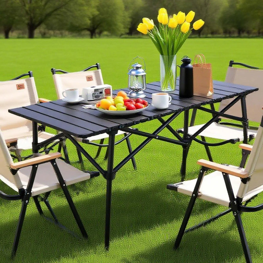 Foldable Camping Table Carbon Steel Picnic Table with Storage Mesh Bag Portable Outdoor BBQ Desk for Beach Backyard Party Games