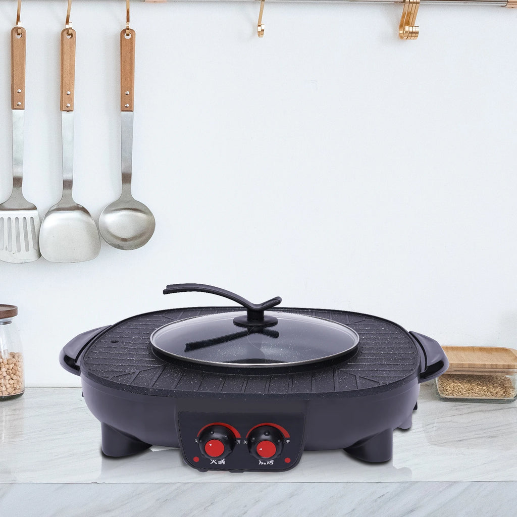 2-in-1 Electric Grill Hot Pot Electric Grill 2000W Hot Pot Shabu Shabu Hot Pot with Grill for 5-6 People