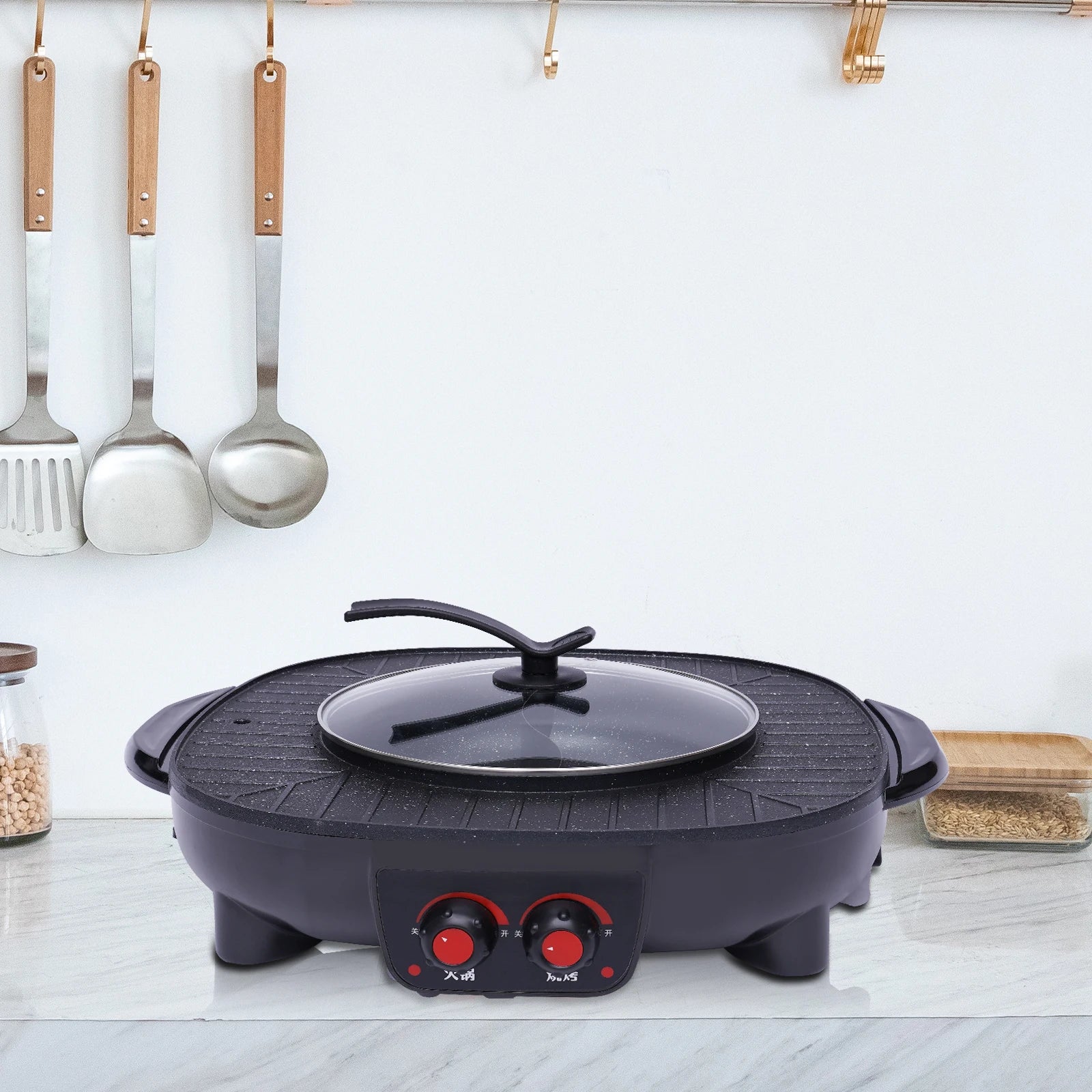 2-in-1 Electric Grill Hot Pot Electric Grill 2000W Hot Pot Shabu Shabu Hot Pot with Grill for 5-6 People