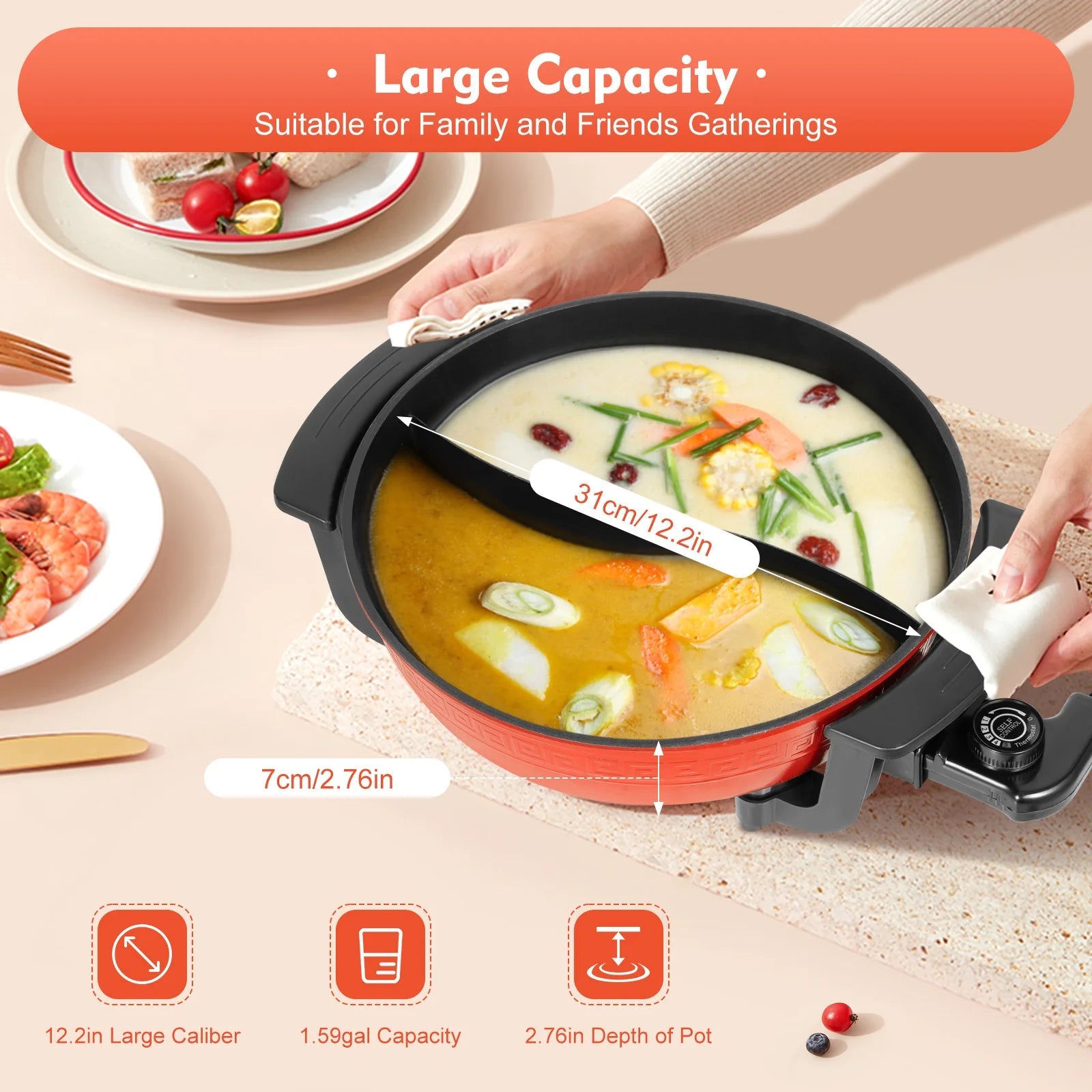 1360W Electric Hot Pot w/ 5 Temp Settings 6L Non-Stick Coating Large Capacity Skillet