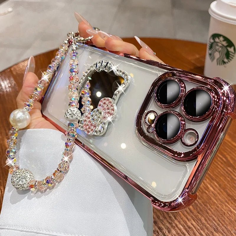 Kitty Mirror Phone Case for iPhone 17 16 Pro Max 16E 15 Plus 14 13 Mini 12 11 XS XR 7 8 SE Electroplate Shockproof Phone Case With Bracelet