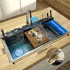 Stainless Steel Kitchen Sink With Waterfall Extra Large Single Bowl Digital Display Multifunctional Dishwashing Sinks