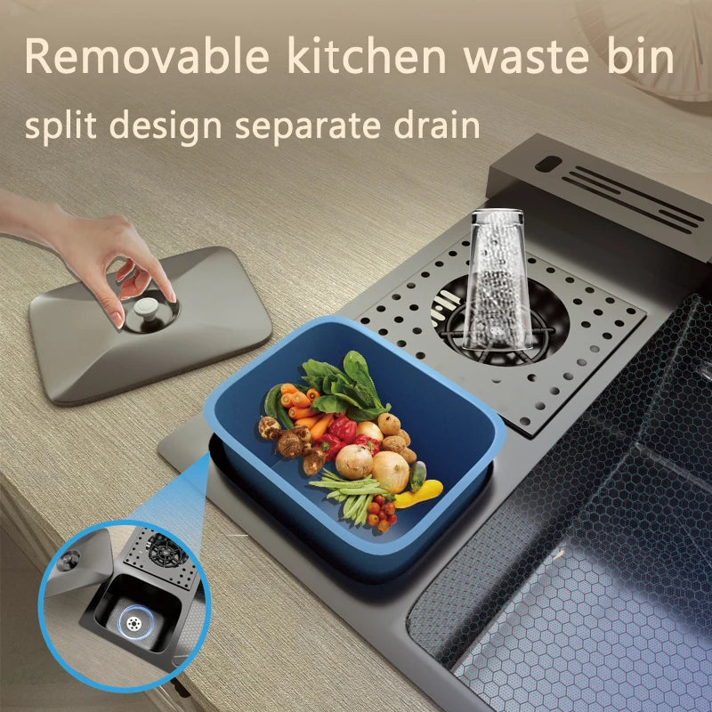 Stainless Steel Kitchen Sink With Waterfall Extra Large Single Bowl Digital Display Multifunctional Dishwashing Sinks