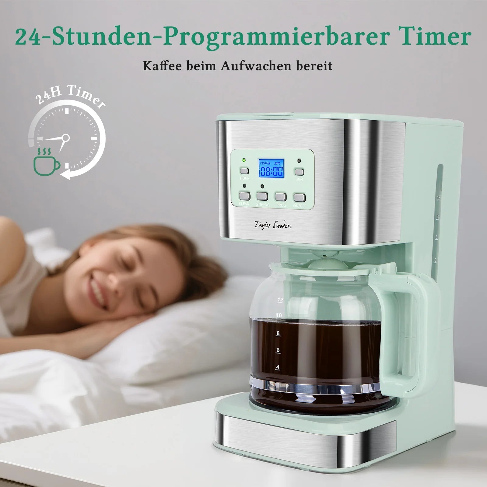 Coffee Maker with Timer, 1.5L Filter Coffee Maker, 12 Cups, Automatic Shut-Off, Drip Stop, Reusable Filter