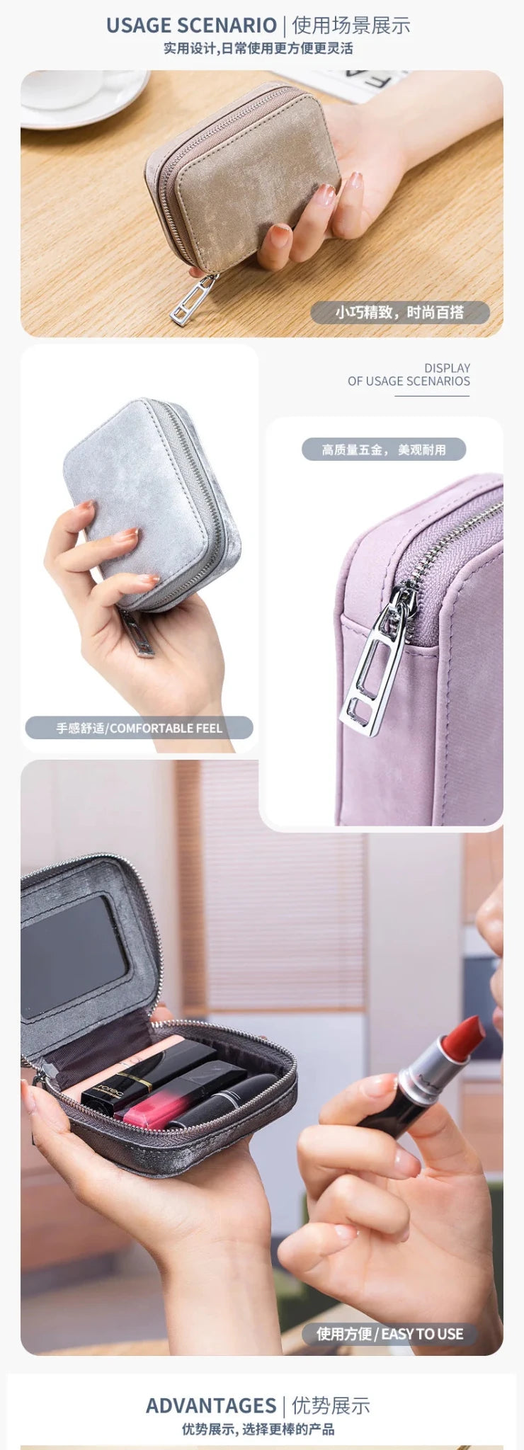 Portable Mini Leather Wallet With Mirror New Chinese Style Cow Leather Storage Bag For Coins And Earphones