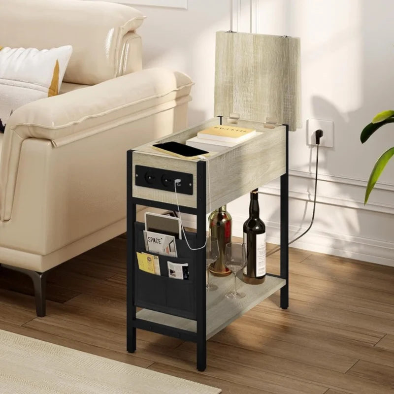 Side Table Sofa Coffee Table with Charging Station Bag Nightstand with 2 USB Ports 2 Sockets Folding Top End Table for Bedroom