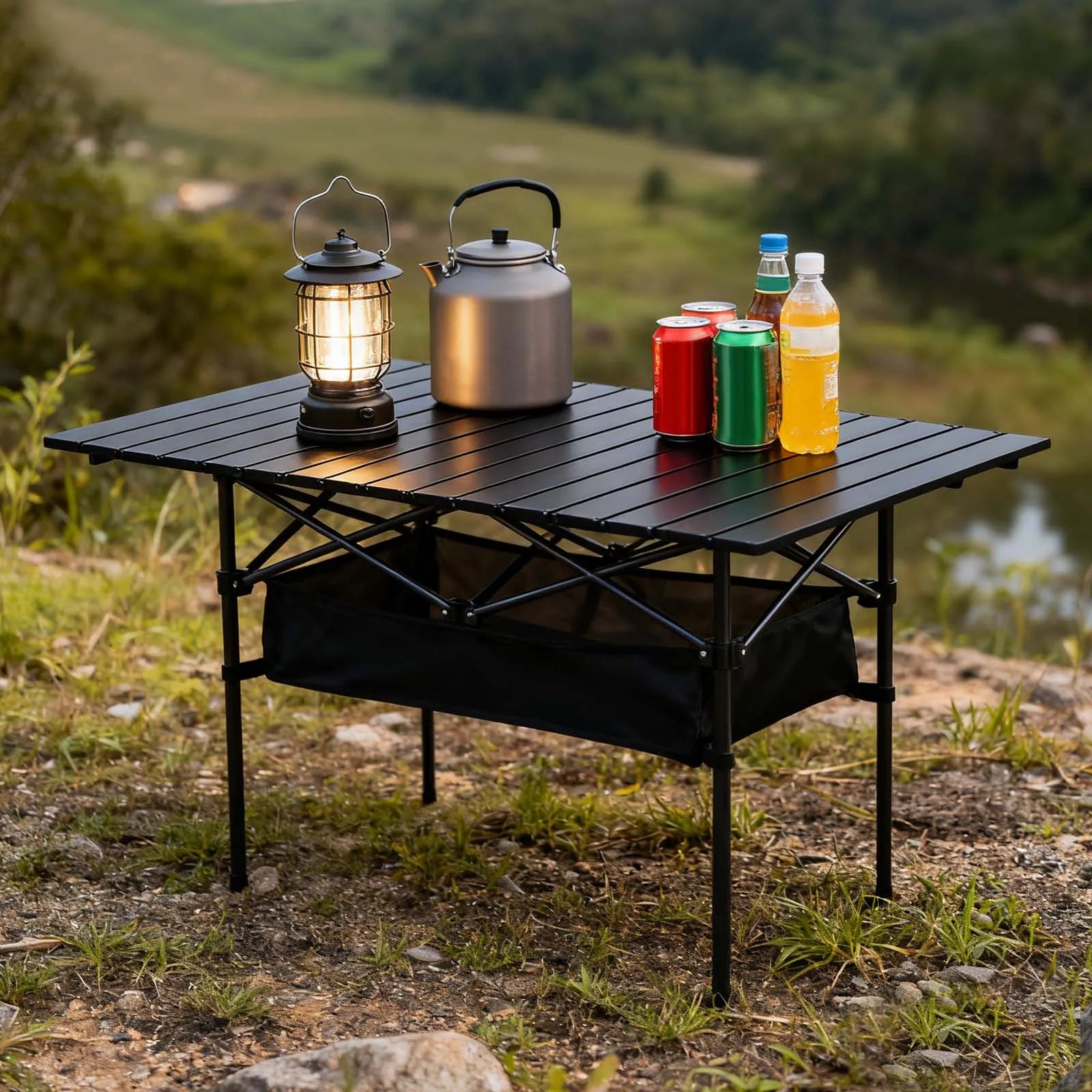 Foldable Camping Table Carbon Steel Picnic Table with Storage Mesh Bag Portable Outdoor BBQ Desk for Beach Backyard Party Games