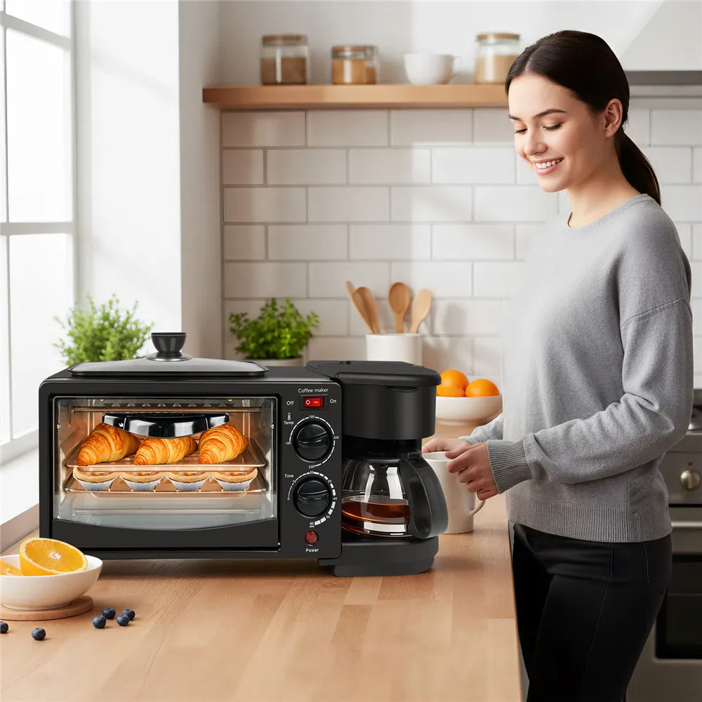Multifunctional Breakfast Machine 3 in 1 Breakfast Maker Coffee Machine, Breakfast Station with 600 ml Coffee Maker +9 L Oven +Frying Pan, Toasters Breakfast Maker for Home Office
