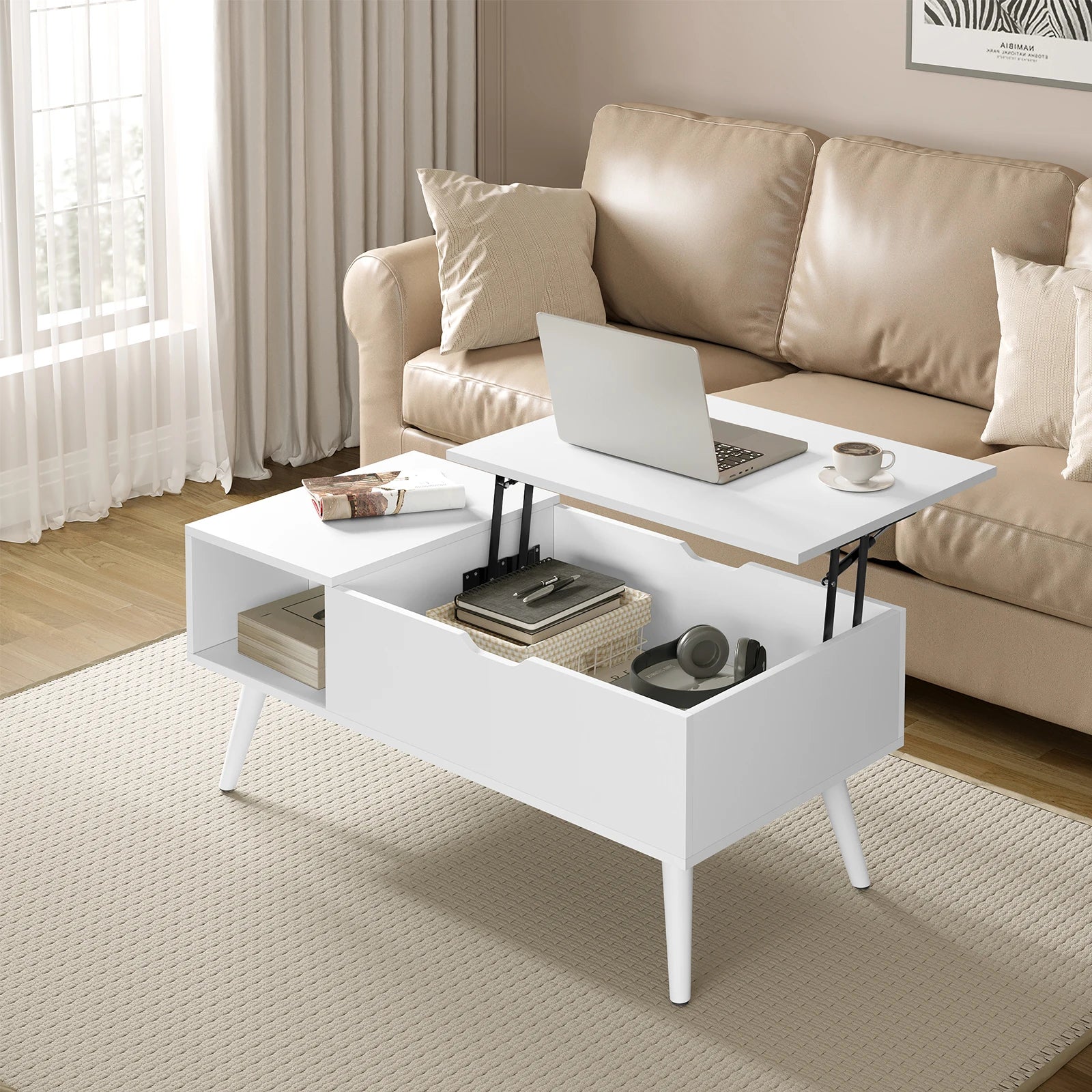 WOLTU Height-Adjustable Coffee Table Living Room Table with Hidden Storage Lifting Board Folding Table for Side Sofa Decor Home
