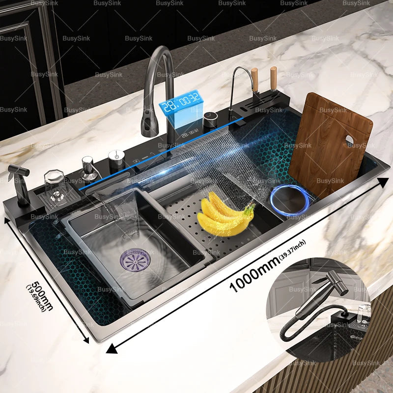 Stainless Steel Kitchen Sink With Waterfall Extra Large Single Bowl Digital Display Multifunctional Dishwashing Sinks