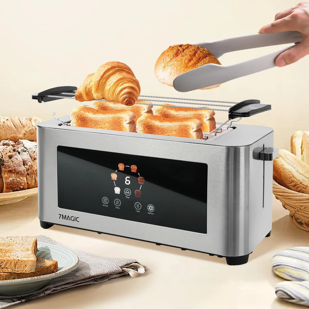 Toaster 1400W, stainless steel toaster, LCD touch display, 2 wide toast slots, 4 slices, 7 browning levels, bun holder,