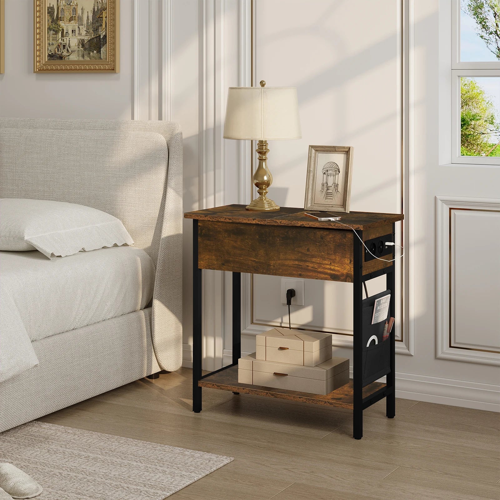 Side Table Sofa Coffee Table with Charging Station Bag Nightstand with 2 USB Ports 2 Sockets Folding Top End Table for Bedroom