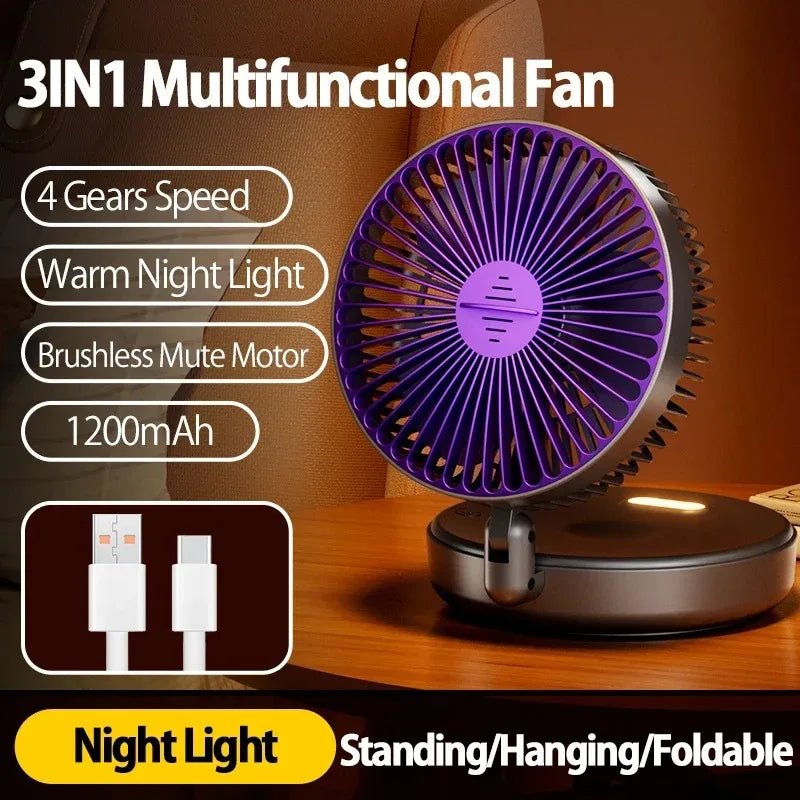 Foldable Mini Wall-Mounted Fan With Warm Night Light Rechargeable