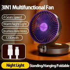 Foldable Mini Wall-Mounted Fan With Warm Night Light Rechargeable