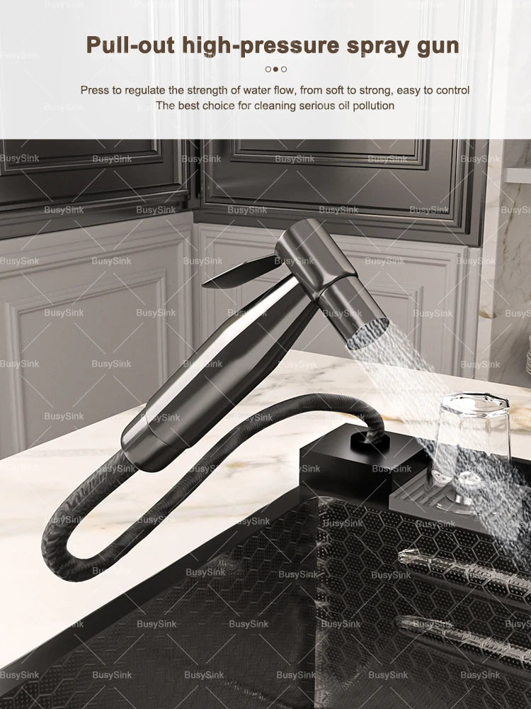 Stainless Steel Kitchen Sink With Waterfall Extra Large Single Bowl Digital Display Multifunctional Dishwashing Sinks