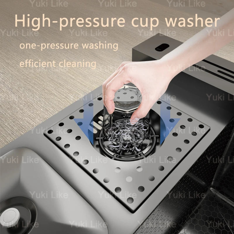 Stainless Steel Kitchen Sink With Waterfall Extra Large Single Bowl Digital Display Multifunctional Dishwashing Sinks