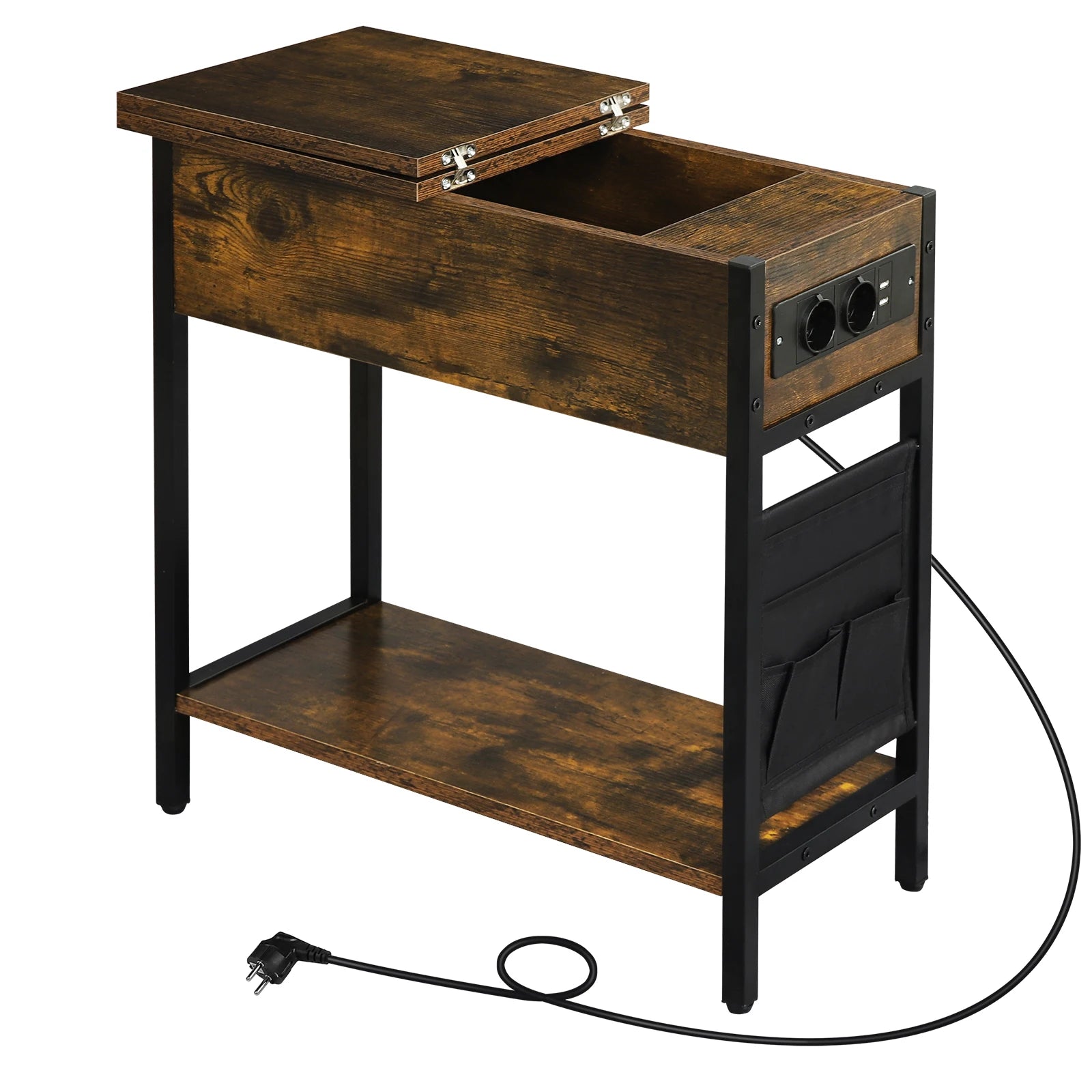 Side Table Sofa Coffee Table with Charging Station Bag Nightstand with 2 USB Ports 2 Sockets Folding Top End Table for Bedroom