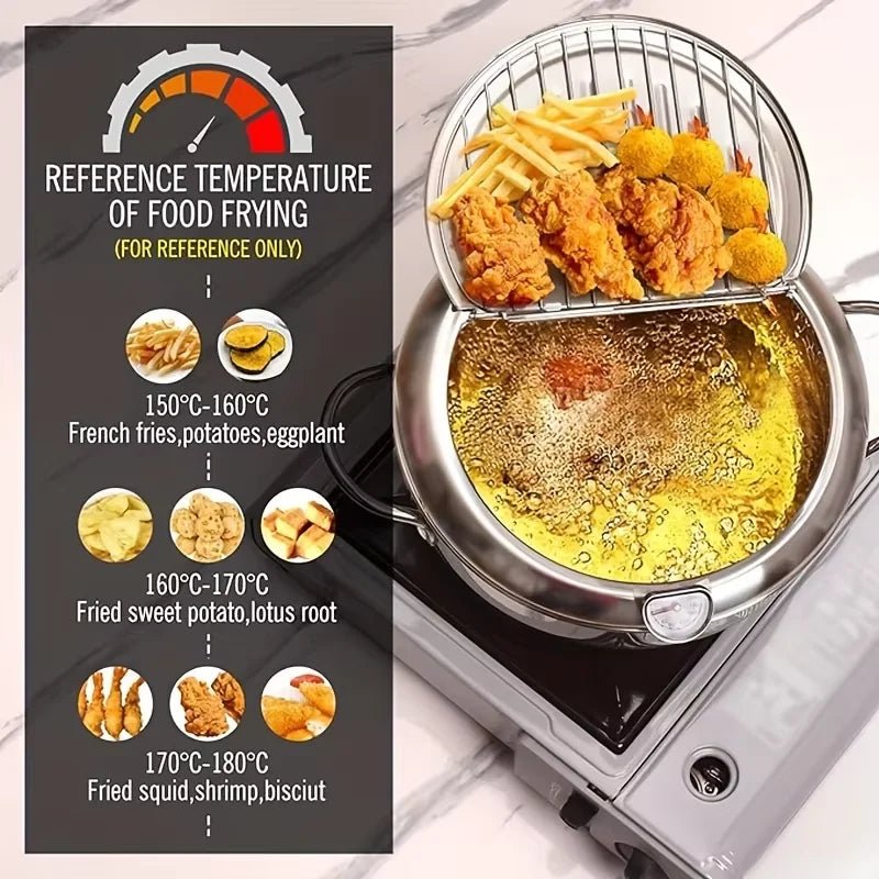 Stainless Steel Fryer, 1-Piece Stainless Steel Tempura Deep Fryer Japanese-Style Home Kitchen Fryer with Thermometer Thickened