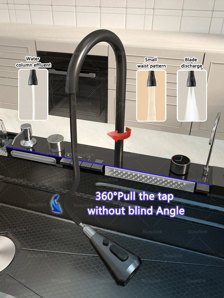 Stainless Steel Kitchen Sink With Waterfall Extra Large Single Bowl Digital Display Multifunctional Dishwashing Sinks