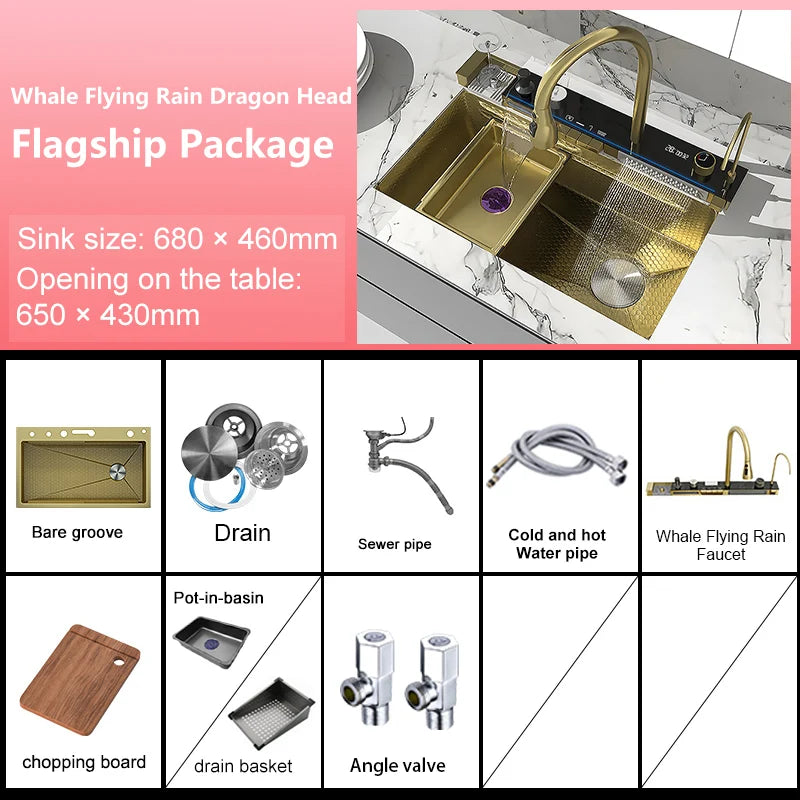 Stainless Steel Kitchen Sink With Waterfall Extra Large Single Bowl Digital Display Multifunctional Dishwashing Sinks