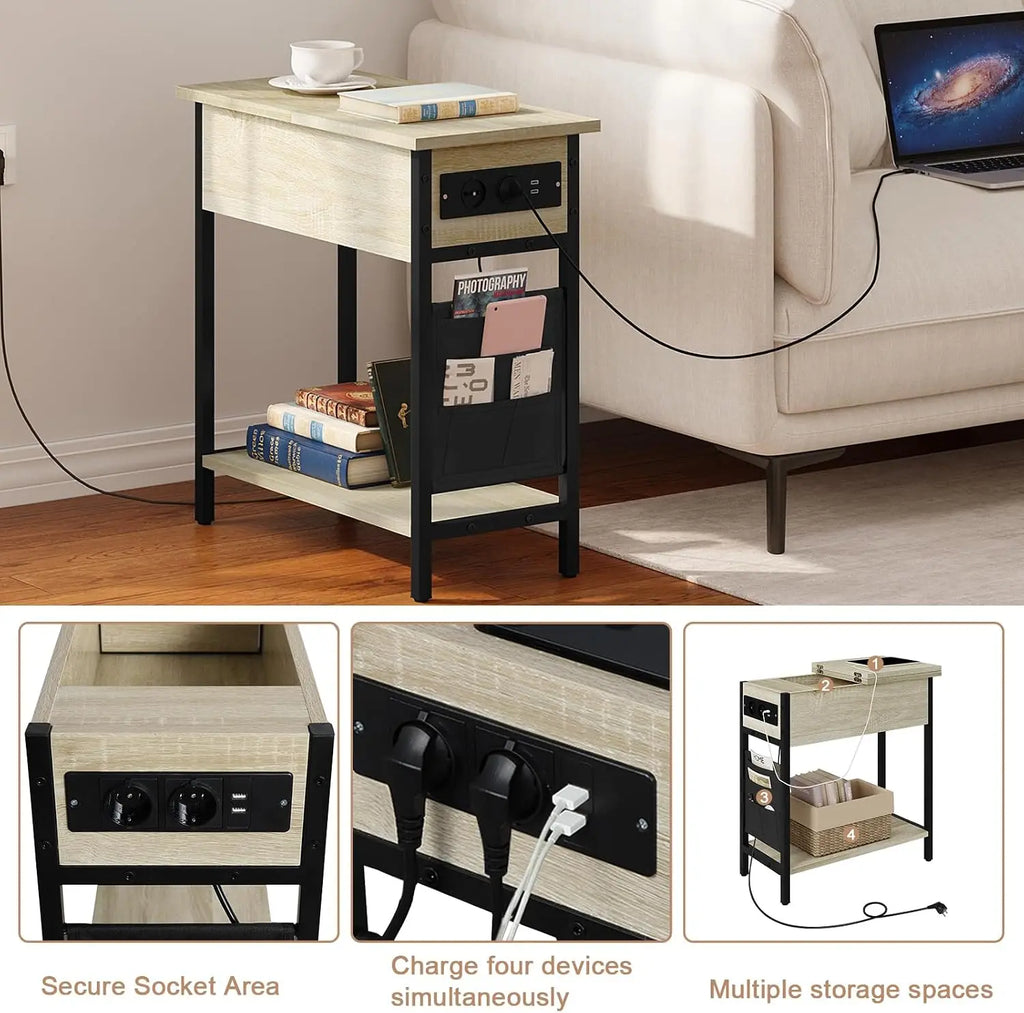 Side Table Sofa Coffee Table with Charging Station Bag Nightstand with 2 USB Ports 2 Sockets Folding Top End Table for Bedroom