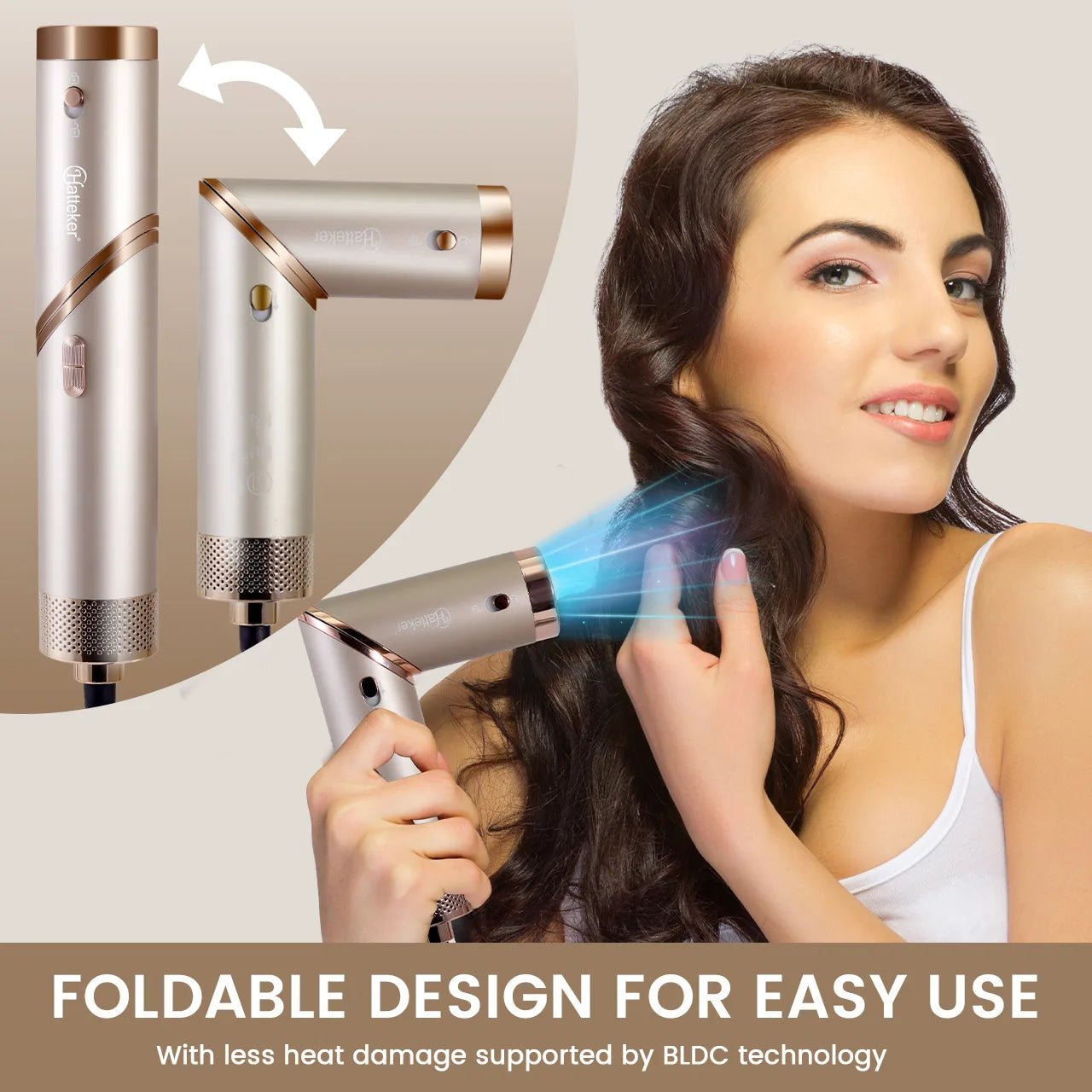 Hatteker Foldable Hair Dryer for Women Multi-Function Hot Air Brush Straight And Curly Blow Styler Lightweight Travel Dryer