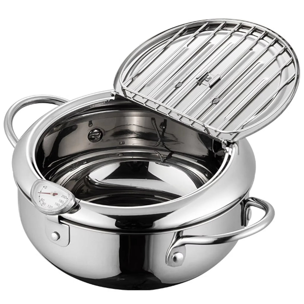 Stainless Steel Fryer, 1-Piece Stainless Steel Tempura Deep Fryer Japanese-Style Home Kitchen Fryer with Thermometer Thickened
