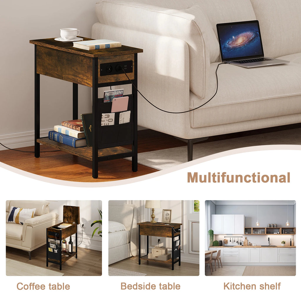 Side Table Sofa Coffee Table with Charging Station Bag Nightstand with 2 USB Ports 2 Sockets Folding Top End Table for Bedroom