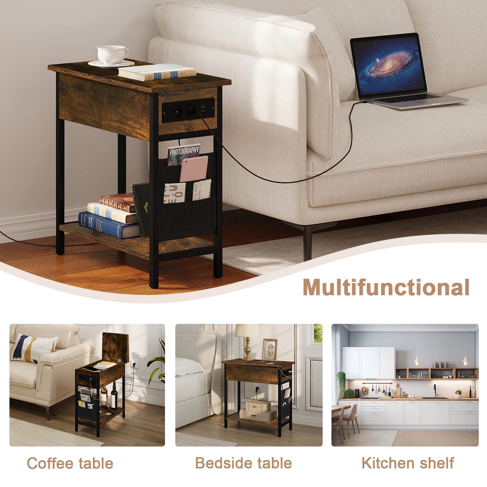 Side Table Sofa Coffee Table with Charging Station Bag Nightstand with 2 USB Ports 2 Sockets Folding Top End Table for Bedroom
