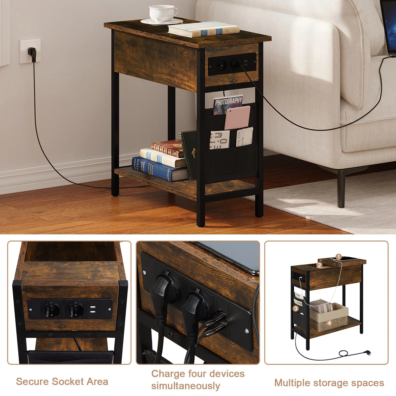 Side Table Sofa Coffee Table with Charging Station Bag Nightstand with 2 USB Ports 2 Sockets Folding Top End Table for Bedroom