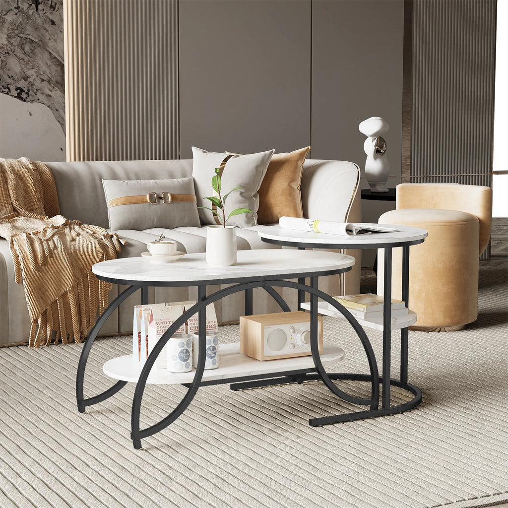 ROSAHQNDA Set of 2 Modern Coffee Tables Sofa table with 2 Layer Shelves MDF Board and Stable Metal Racks living room furniture