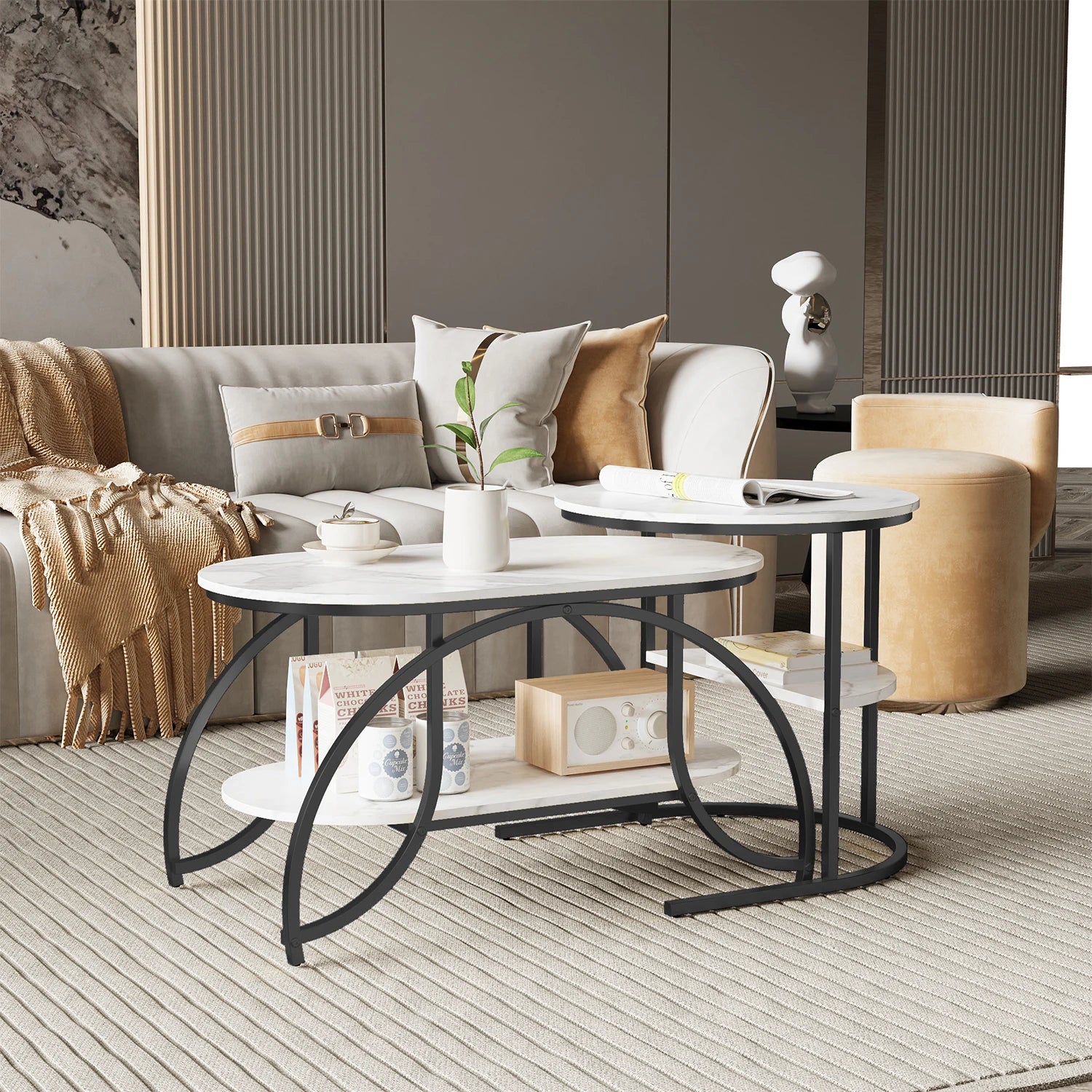 ROSAHQNDA Set of 2 Modern Coffee Tables Sofa table with 2 Layer Shelves MDF Board and Stable Metal Racks living room furniture