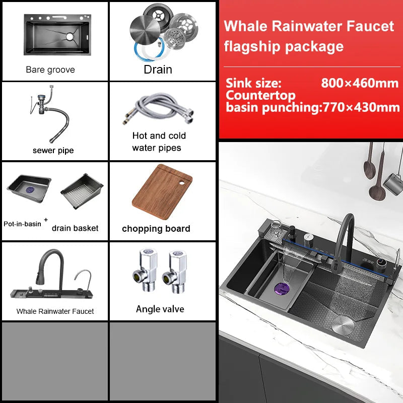 Stainless Steel Kitchen Sink With Waterfall Extra Large Single Bowl Digital Display Multifunctional Dishwashing Sinks