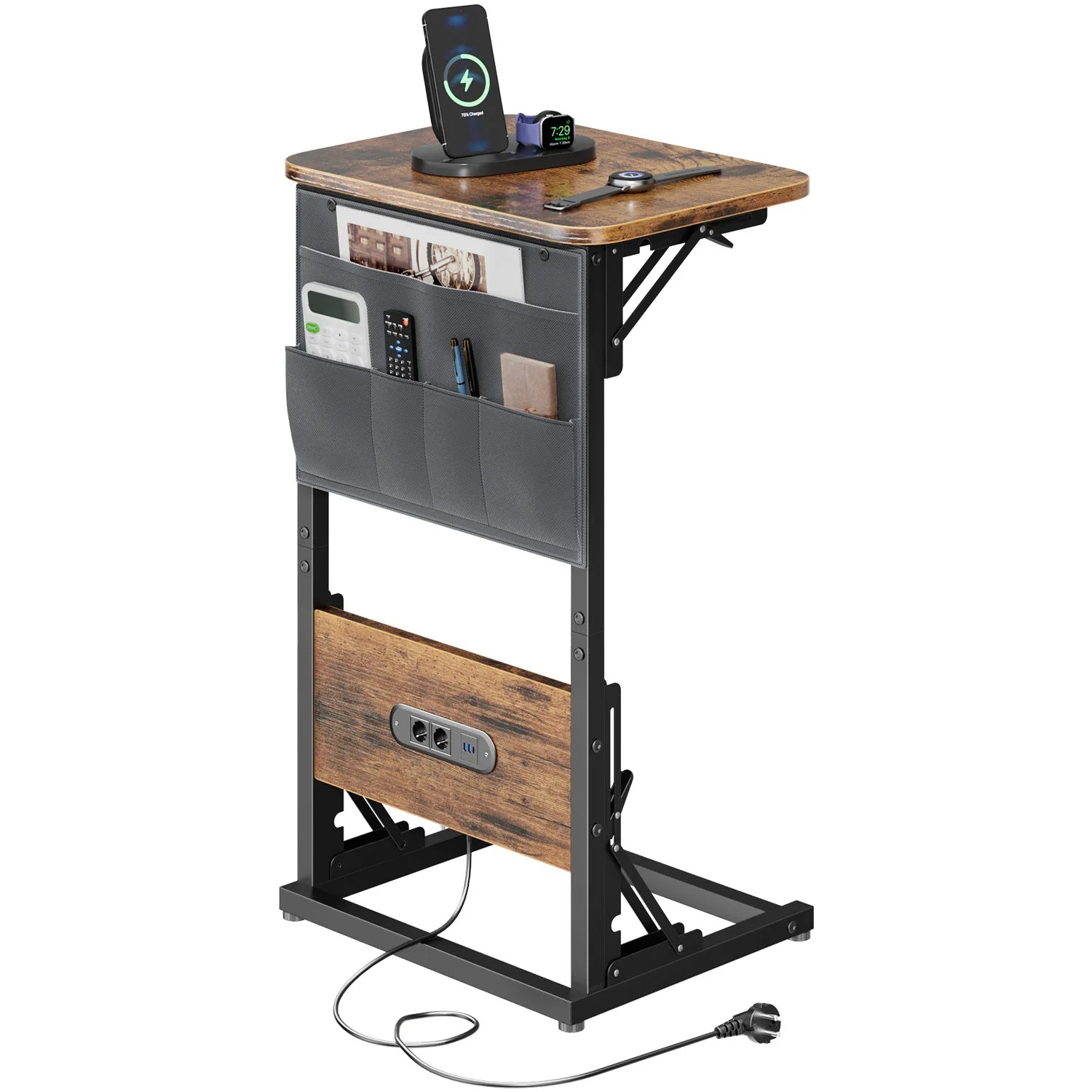 C Shape Small Laptop Table, Foldable End Desk with Power Outlets, Sofa Arm Tray Table with Storage Bag for Living Room, Bedroom