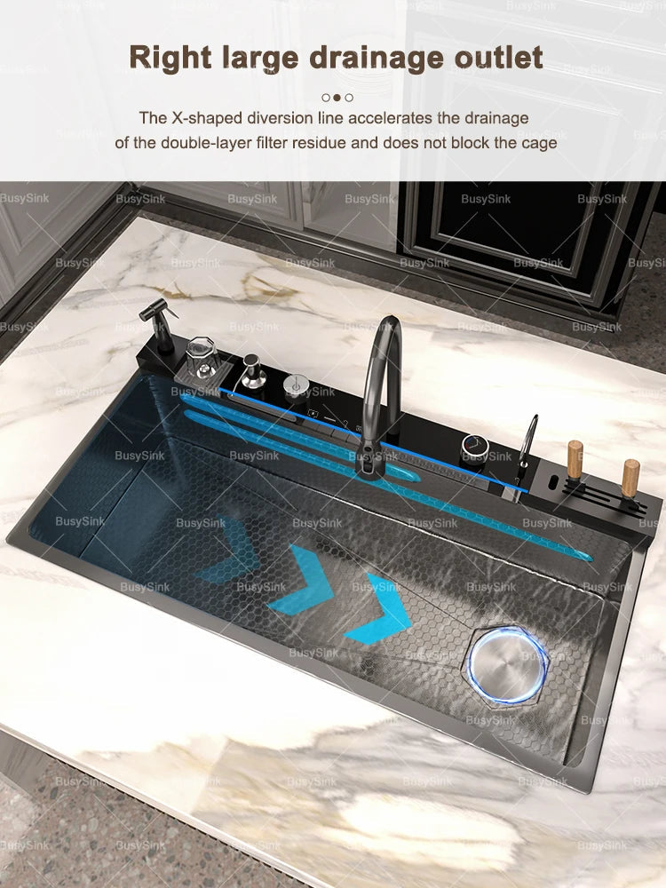 Stainless Steel Kitchen Sink With Waterfall Extra Large Single Bowl Digital Display Multifunctional Dishwashing Sinks