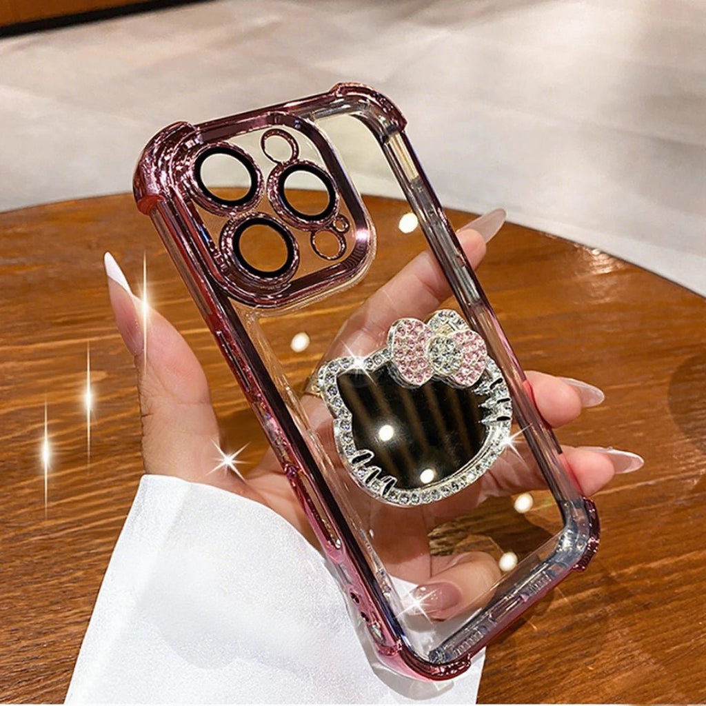 Kitty Mirror Phone Case for iPhone 17 16 Pro Max 16E 15 Plus 14 13 Mini 12 11 XS XR 7 8 SE Electroplate Shockproof Phone Case With Bracelet