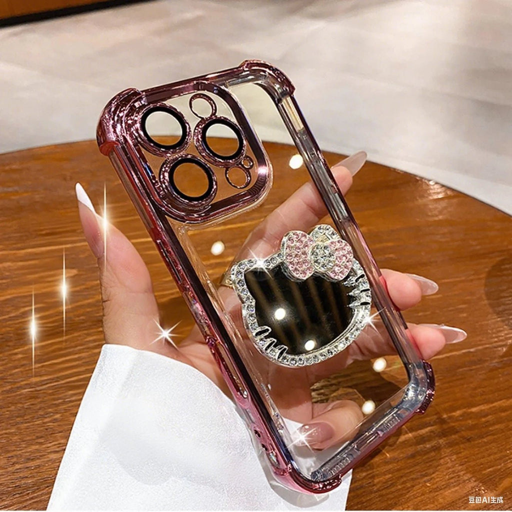 Kitty Mirror Phone Case for iPhone 17 16 Pro Max 16E 15 Plus 14 13 Mini 12 11 XS XR 7 8 SE Electroplate Shockproof Phone Case With Bracelet