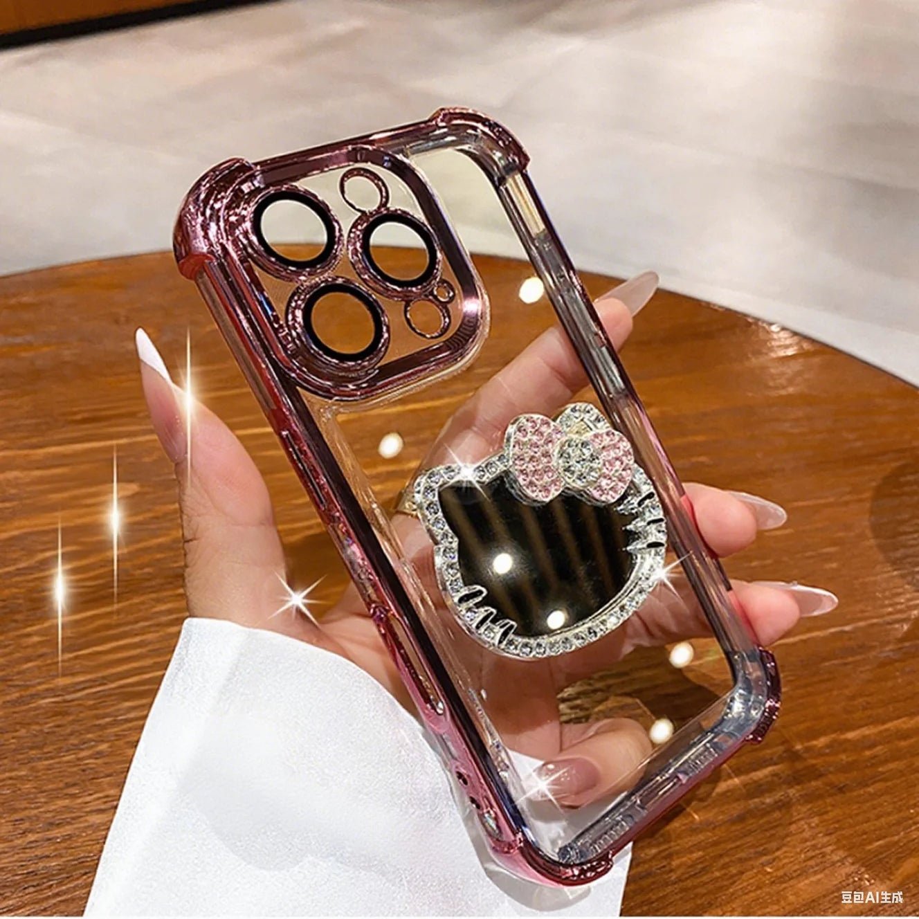 Kitty Mirror Phone Case for iPhone 17 16 Pro Max 16E 15 Plus 14 13 Mini 12 11 XS XR 7 8 SE Electroplate Shockproof Phone Case With Bracelet