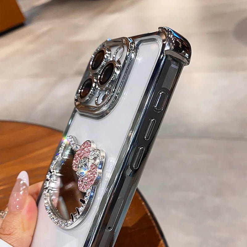 Kitty Mirror Phone Case for iPhone 17 16 Pro Max 16E 15 Plus 14 13 Mini 12 11 XS XR 7 8 SE Electroplate Shockproof Phone Case With Bracelet