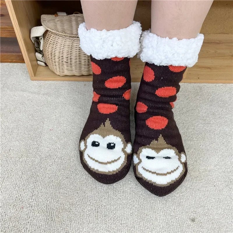 Thermal Winter Warm Slipper Socks Non Slip Grip Fluffy Fuzzy Slipper Socks Short Furry Monkey